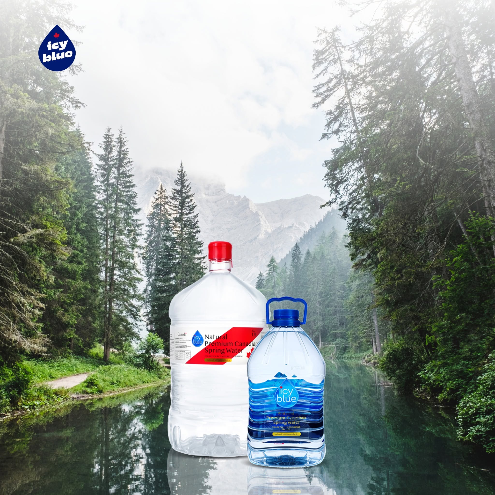 Two large Icy Blue spring water jugs beside a forest lake with misty mountains behind