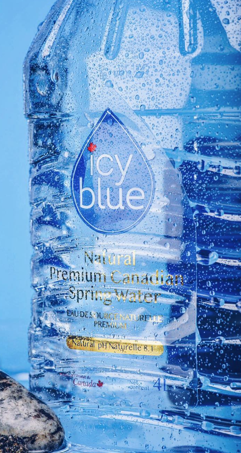 Icy Blue 4 litre bottle covered in cold condensation